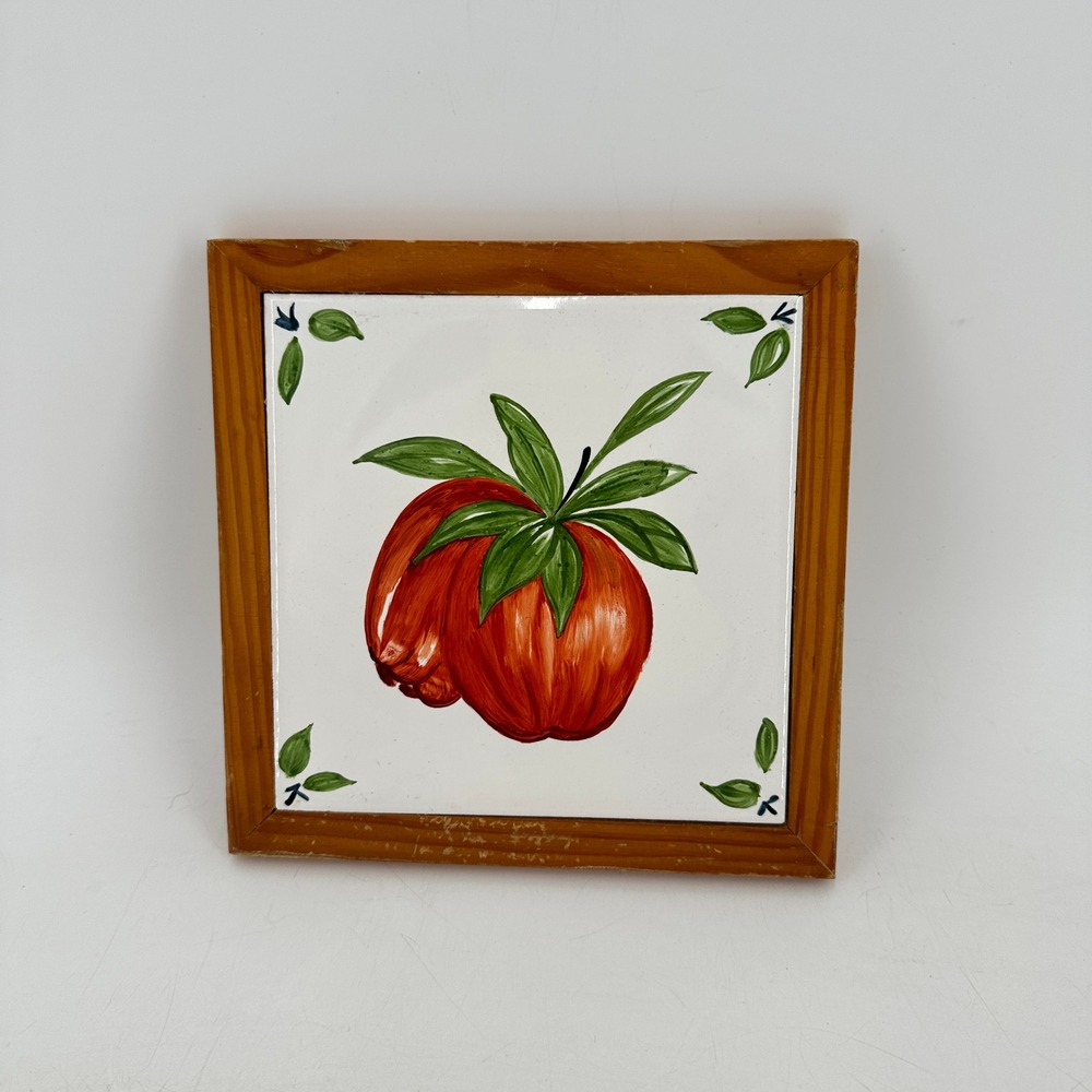 Vintage Hand Painted Ceramic Tile Trivet Wood Frame Red Fruit Farmhouse Decor